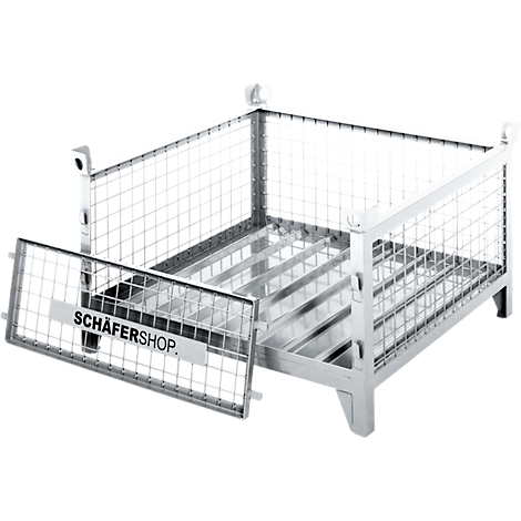 Metallgitterbox mit geöffneter Tür, vor weißem Hintergrund. Auf der Tür ist "SCHÄFERSHOP" geschrieben.