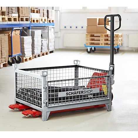 Gitterbox auf einer roten und silbernen Palettenhubwagen in einem Lager, Aufschrift "SCHÄFERSHOP".