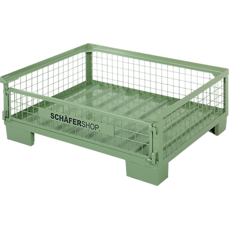 Grüne Gitterbox, rechteckig, mit Schriftzug SCHÄFERSHOP. Steht auf Füßen, offene Gitterwände, die Rückwand ist geschlossen.