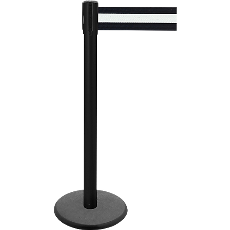 Black retractable barrier post with a white striped band.