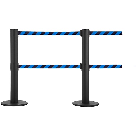 Two black stanchions with blue and black striped belts. The posts are placed on round feet.