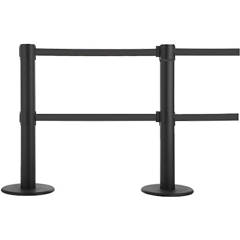 Black stanchion with two posts. Each post has a round base and black belt guides.