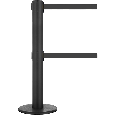 Black stanchion with two retractable belts to control visitor flow, isolated.