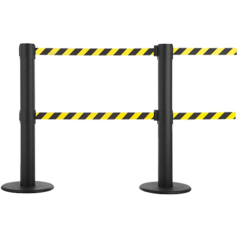 Two black stanchions with yellow and black striped belts, against a white background.