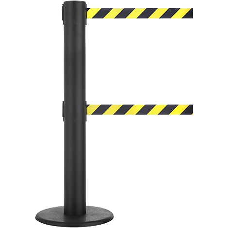 Black barrier post with two yellow and black striped ribbons. Round base, black column.