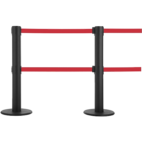 Two black stanchions with red bands. The bands run horizontally between the posts.