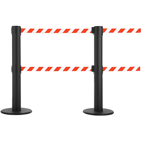 Two black stanchions with red and white striped tapes.