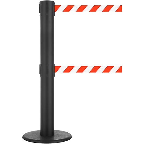 A black stanchion with two red and white striped bands. The stanchion has a round base.