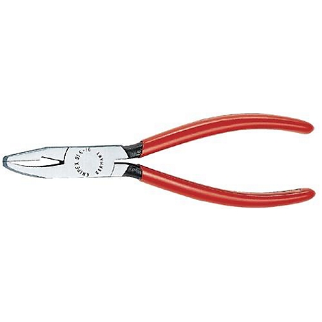 Punttang met rode handvatten. Gereedschap met metalen bekken en rode handvat.