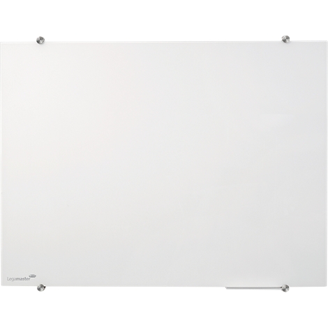White glass whiteboard with silver fixings. Text on bottom left.