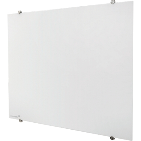 White glass magnetic board, mounted on the wall. It is held by 4 silver brackets.
