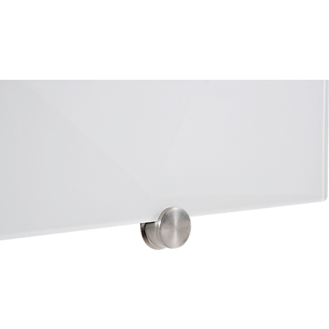 Close-up of a glass panel with metal bracket. The glass panel is white, and the bracket is round and silver.