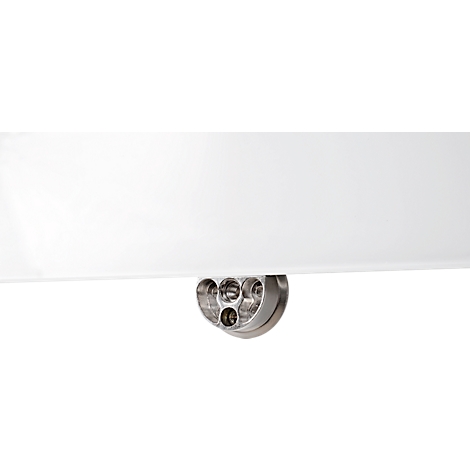 Close-up of a white lamp with metallic accents. Below the lampshade is a round, metallic fitting with several openings.