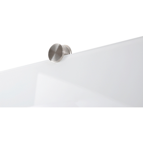 Close-up: A silver knob on a white, glossy surface, probably a door or drawer.
