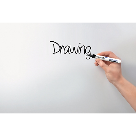 A hand is writing the word "Drawing" with a black felt-tip pen on a white board.