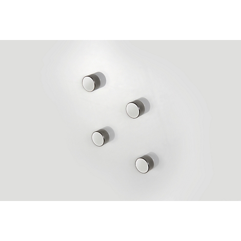 Five metallic, round objects with white surfaces and shadows, slightly offset on a white background.