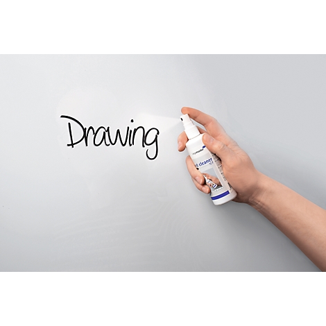 Hand sprays cleaner on board with the word 'Drawing'.