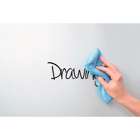 Hand wipes away "Drawing" text on white surface with blue cloth.