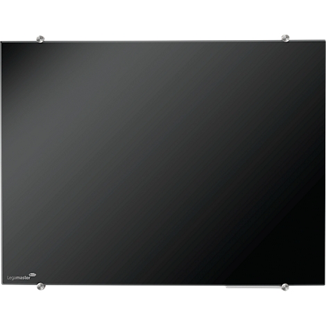 Black glass whiteboard with metal holders in the corners.