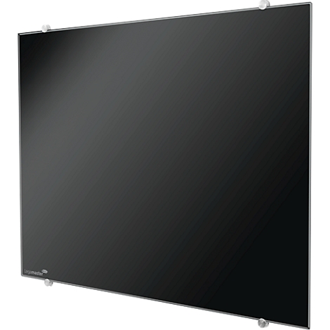 Black glass heater, mounted on the wall, with brackets. The frame and brackets are silver. Small logo in the lower corner.
