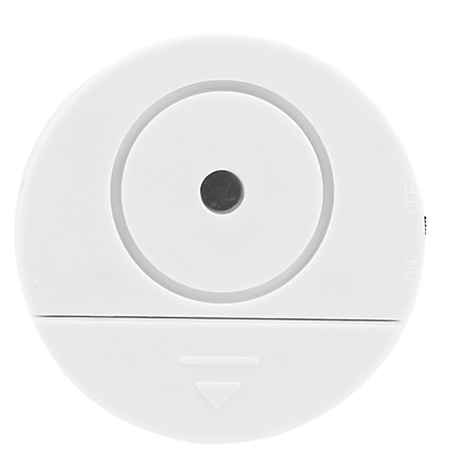 A white, round device with a black hole in the center. Below is a line-triangle symbol.