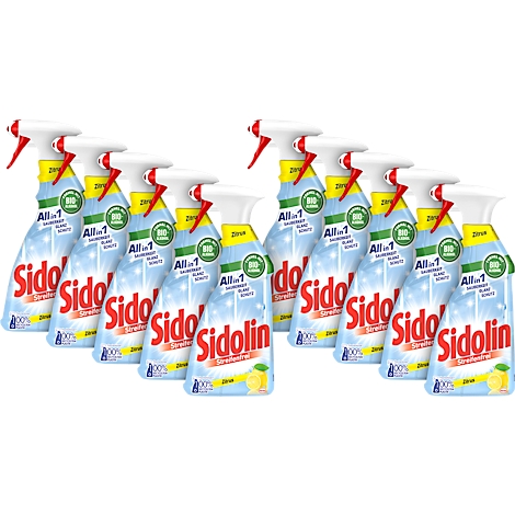 Ten bottles of Sidolin All-in-1 glass cleaner arranged in a row, featuring a light blue spray nozzle and yellow labeling.