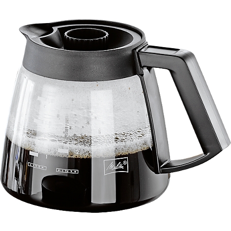 Glass coffee carafe with black lid and handle, filled with coffee, Melitta logo.