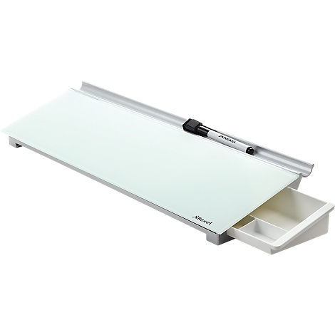 White glass desk shelf with pen and drawer, silver frame. The drawer has two compartments.