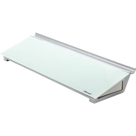 White, rectangular whiteboard, silver frame, diagonal stand, "Rexel" inscription.