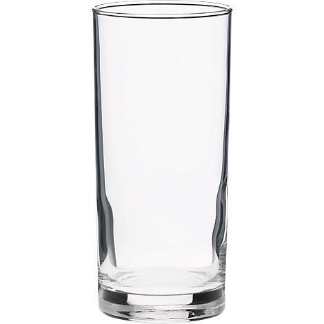 A tall, clear drinking glass with a cylindrical shape, empty.