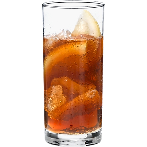 A highball glass with ice cubes, a lemon slice and a dark drink.