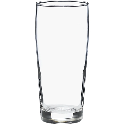 An empty, clear glass against a white background. The glass is cylindrical with a slightly flared rim.