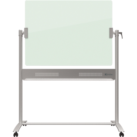 Weißes, rollbares Whiteboard, mit einem silbernen Gestell und vier Rädern.
