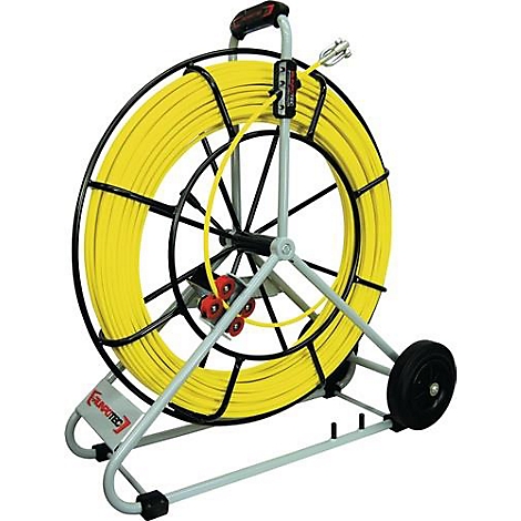Gele kabelhaspel op een grijs frame met wielen en handvat. Opschrift: Sunrotec.
