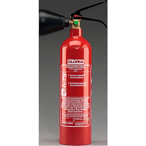 Red fire extinguisher with black handle and sticker. Inscription "Gloria Feuerlöscher". Operating instructions.