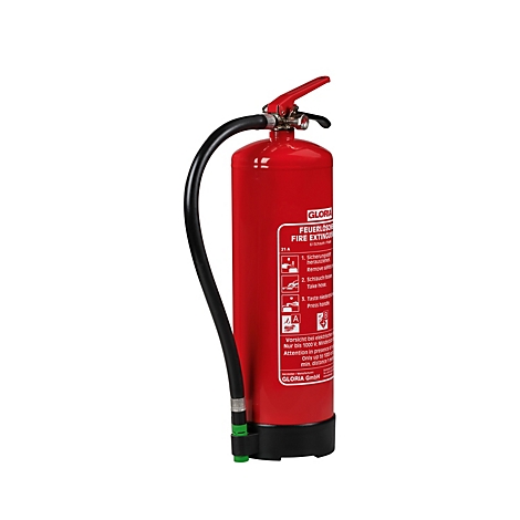 Roter Gloria-Feuerlöscher mit schwarzem Schlauch und Bedienungsanleitung auf weißem Hintergrund.