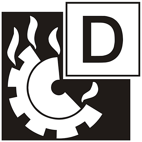 Black square logo with white gear, flames, and a white "D" in a white square.