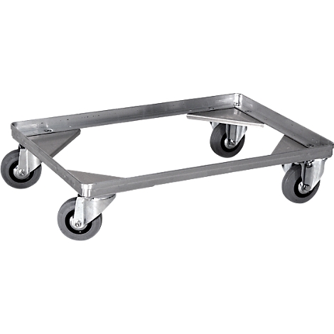 Ein Metallrahmen mit vier Rollen, zur Bewegung von Lasten gedacht.