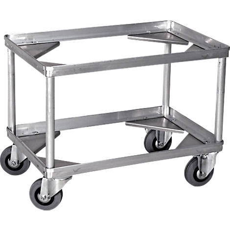 Rollwagen aus Metall mit vier Rädern. Das Gestell ist quadratisch und hat eine offene Struktur.