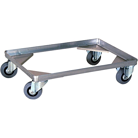 Metallrahmen mit vier Rollen. Er dient als Untergestell, wahrscheinlich für einen Transportbehälter.