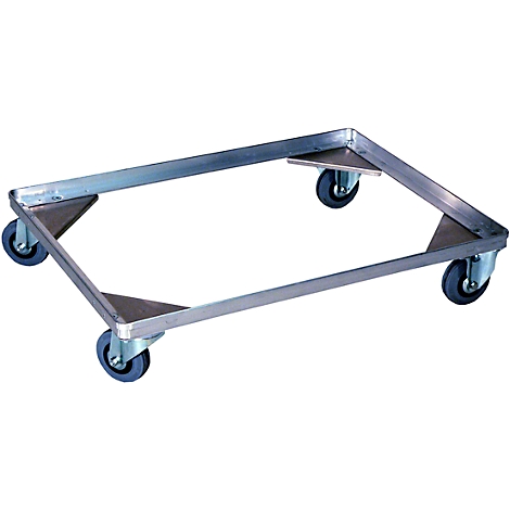 Metalen frame op wielen. Hoekige constructie, vier wielen, voor het vervoeren van items.