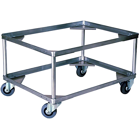 Metalen frame met wielen. Een rechthoekig frame staat op vier wielen.