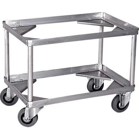Metalen kar met wielen, hoekige constructie, grijze wielen.