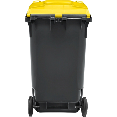 Grijze vuilnisbak met gele deksel. Twee wielen aan de onderkant.