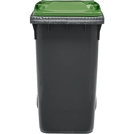 Grijze vuilnisbak met groen deksel. Vooraanzicht, neutrale achtergrond.