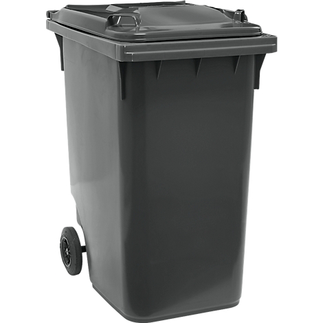 Grijze vuilnisbak met deksel en wielen, tegen witte achtergrond.