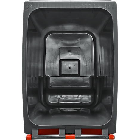 Bovenaanzicht van een grijze vuilnisbak met een rode bodem. De wanden zijn afgerond. Details in het midden.