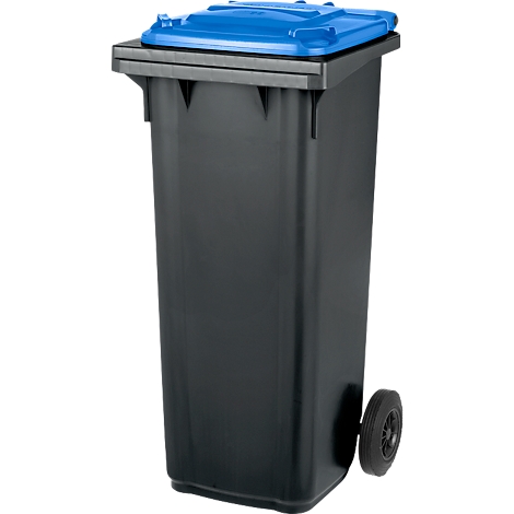 Black trash can with blue lid, against a white background. A wheel is attached to the side.