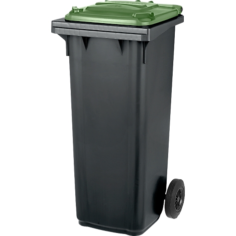 Black trash can with green lid and wheels.