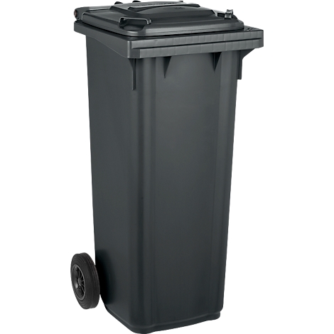 Gray trash can with lid and wheel. On a white background, in detail.